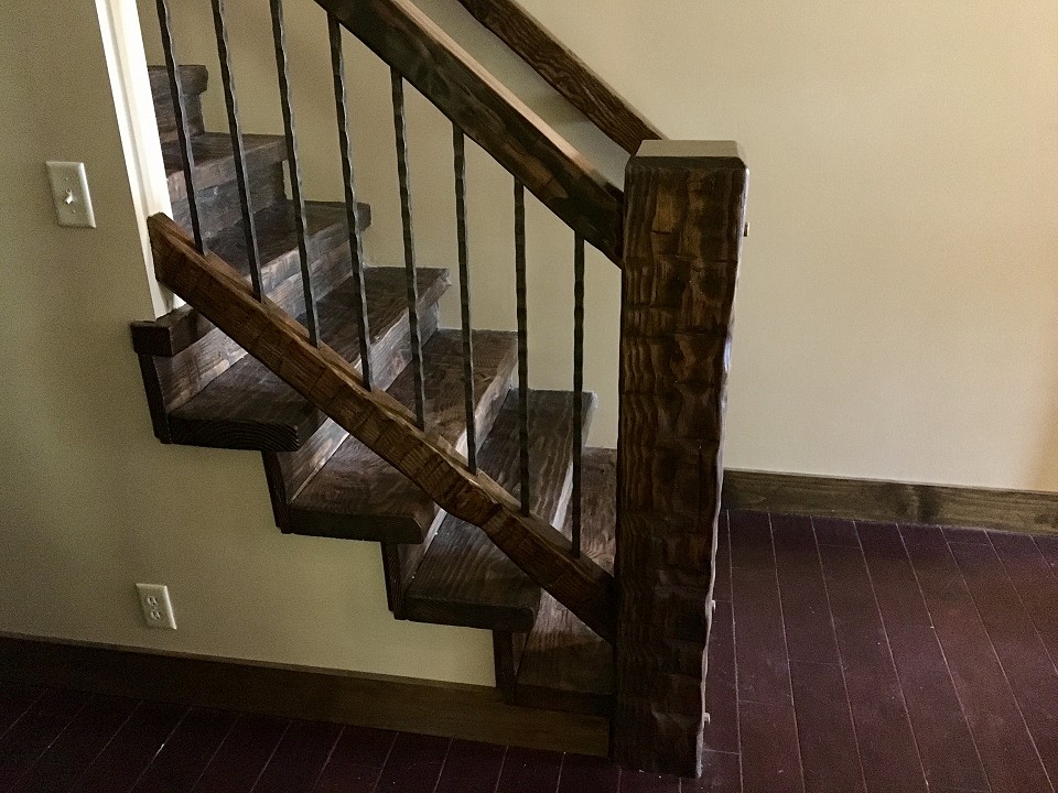 Timber Frame Stairway With Hand Hammered Custom Made Steel Spindles